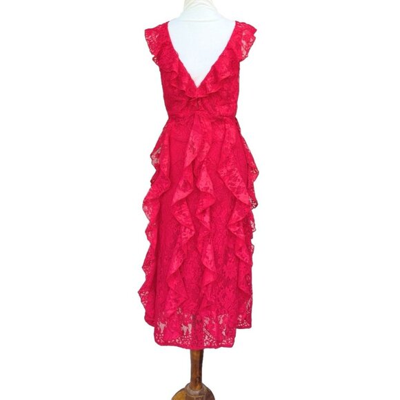 AFRM Women’s Ingrid Red Lace Ruffle Midi Dress Plunge V-Neck Size XS - Picture 5 of 16